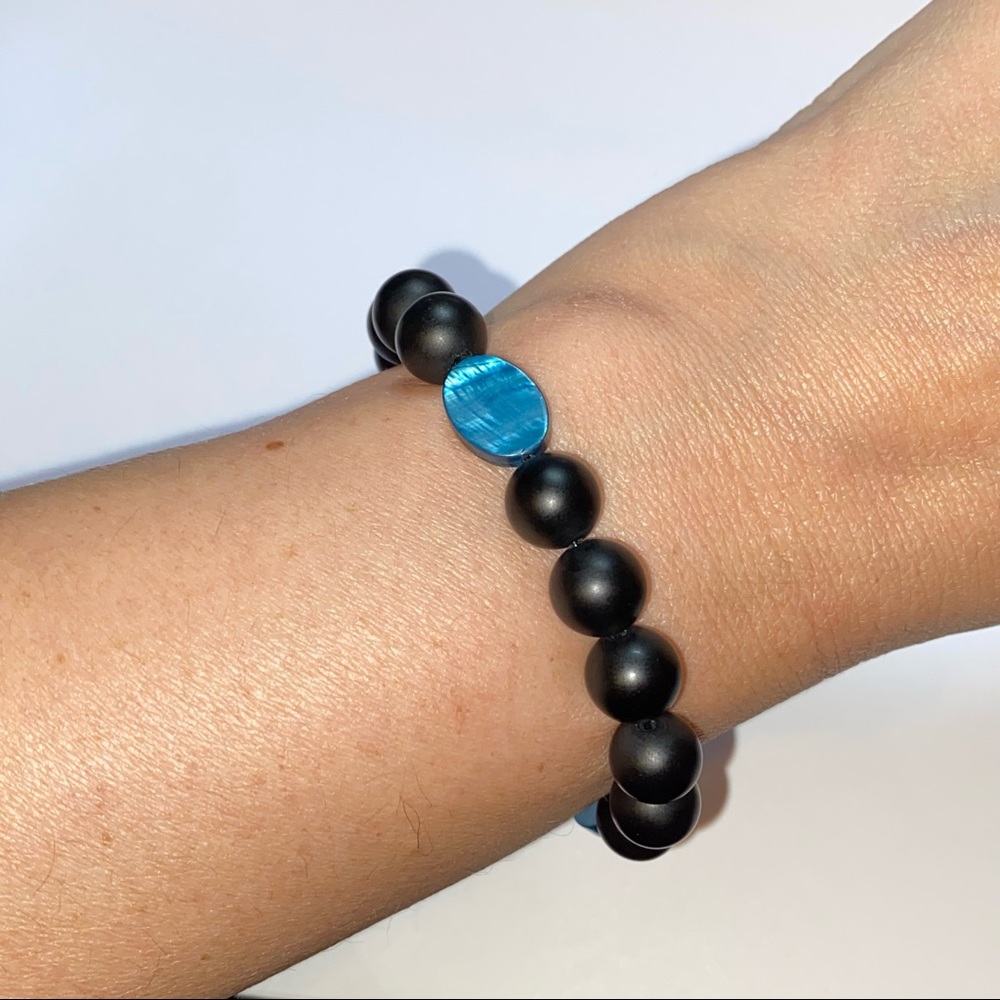HAND CRAFTED Bracelet Onyx & Blue Mother of Pearl Matte Stretch Black Unisex